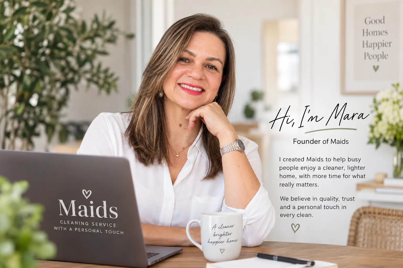 Mara, founder of Maids & More Cleaning Services, at her desk